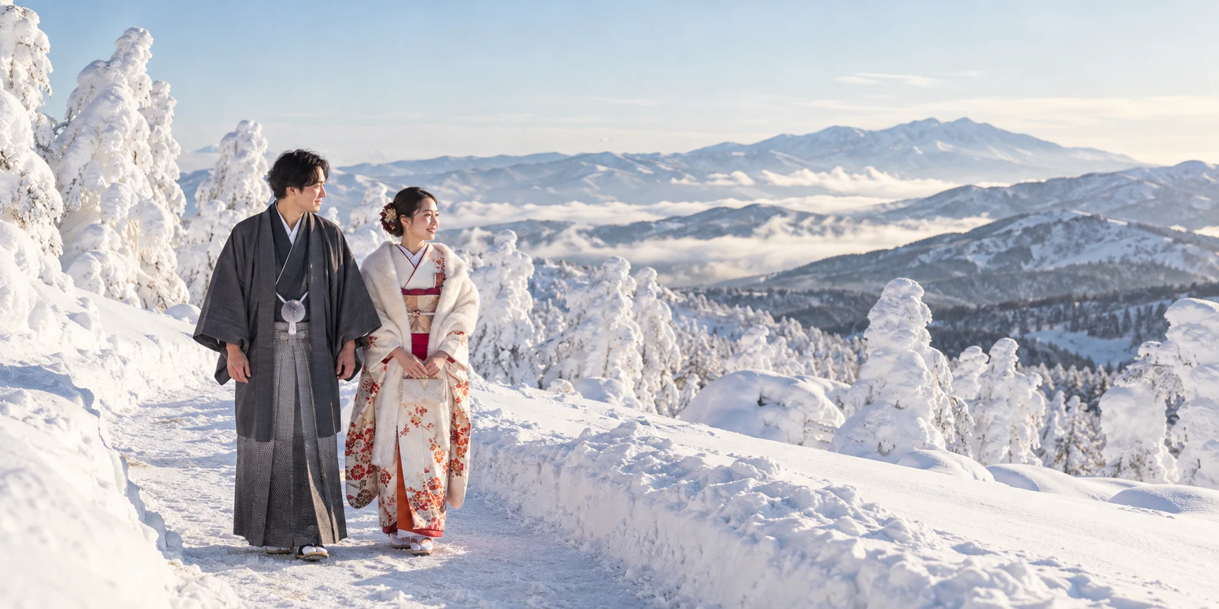 雪山と和装のカップル