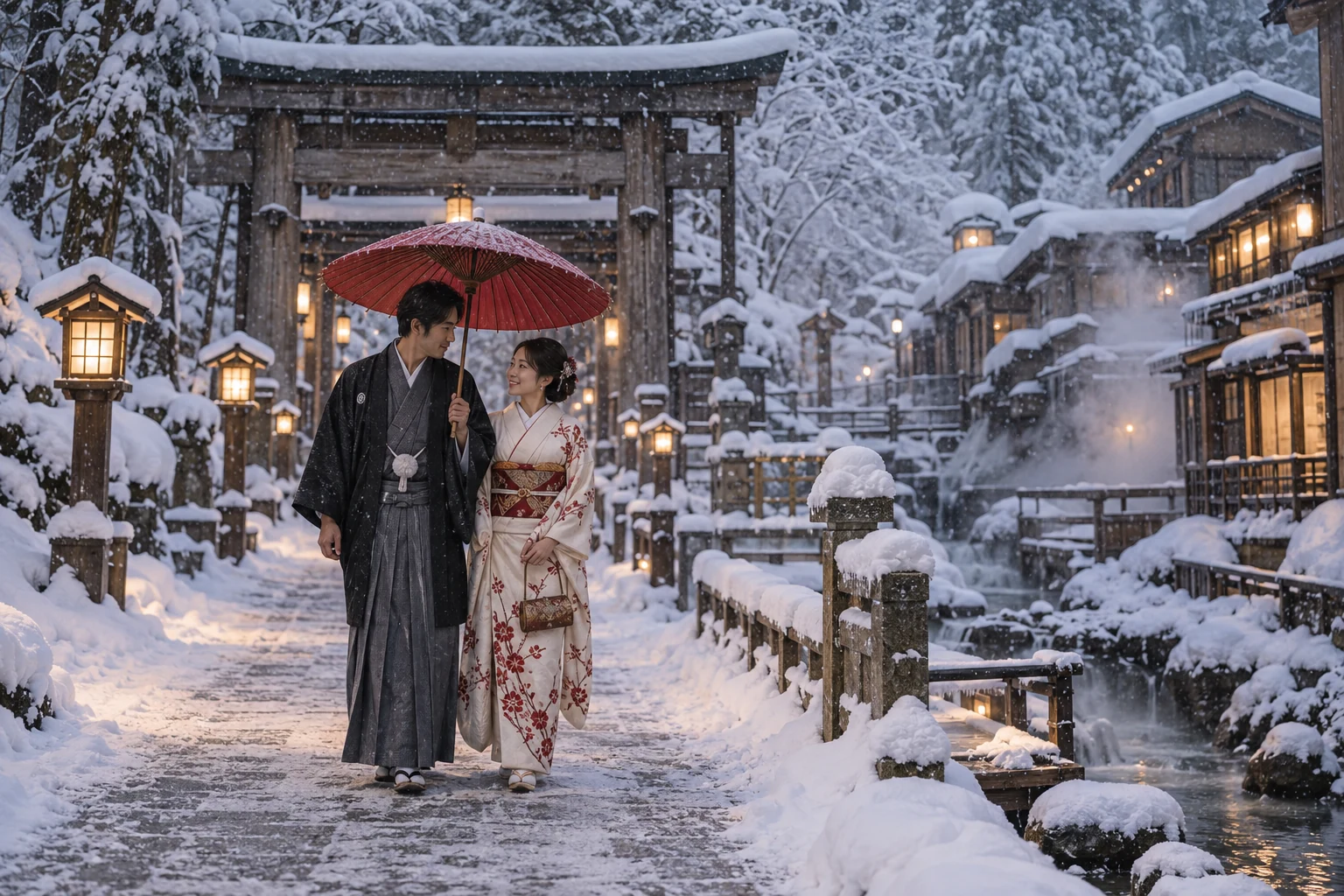 雪の中の赤い和傘